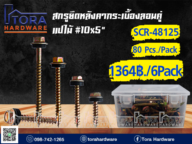 สกรูปลายแหลมยึดหลังคากระเบื้องลอนคู่ 10x5